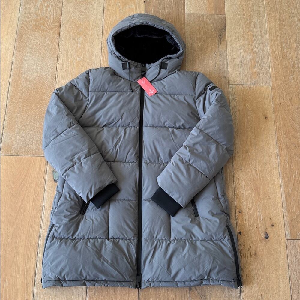 DKNY Hooded Puffer Parka Winter Snow Jacket Gray Lined Storm Cuffs Size XL NWT - Picture 2 of 10